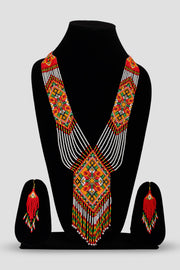 Handmade White and Red Seed Bead Long Necklace Bohemian Style with Fringe Earrings